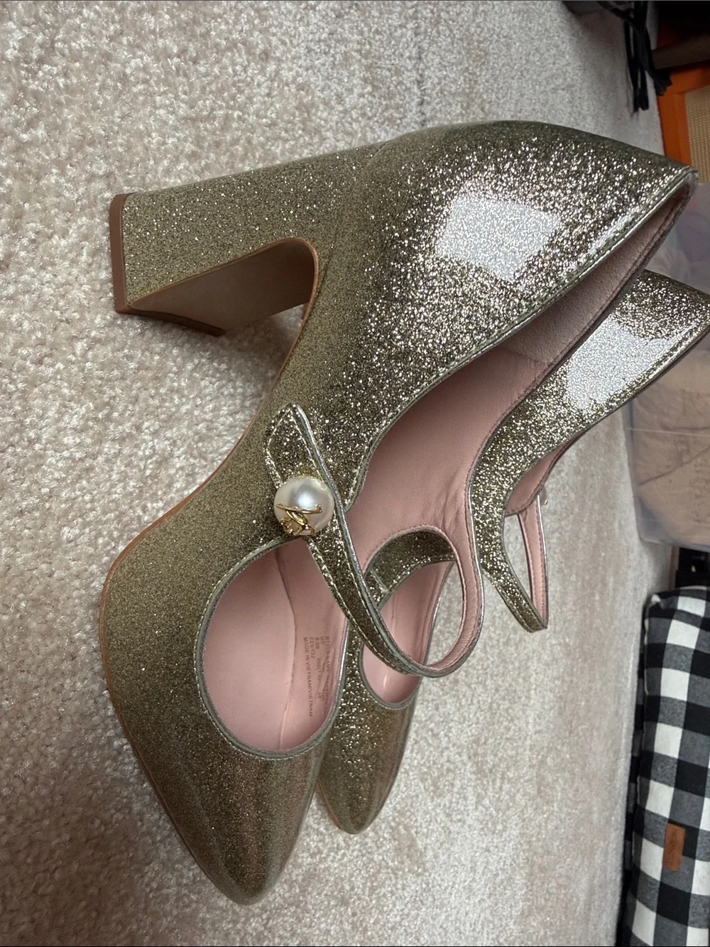kate spade Gold Glitter Pearl Strap Mary Jane Block Heels - Picture 4 of 7